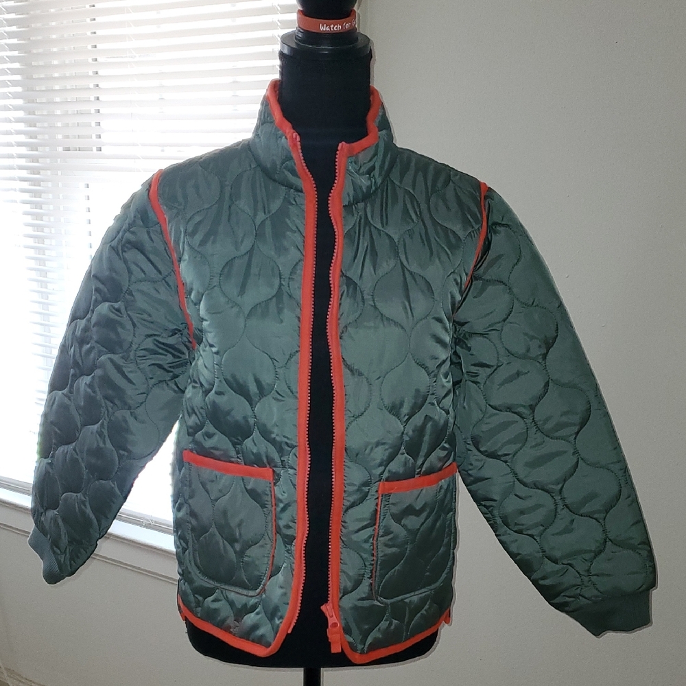 Kids Quilted Jacket - Green with Orange Trim